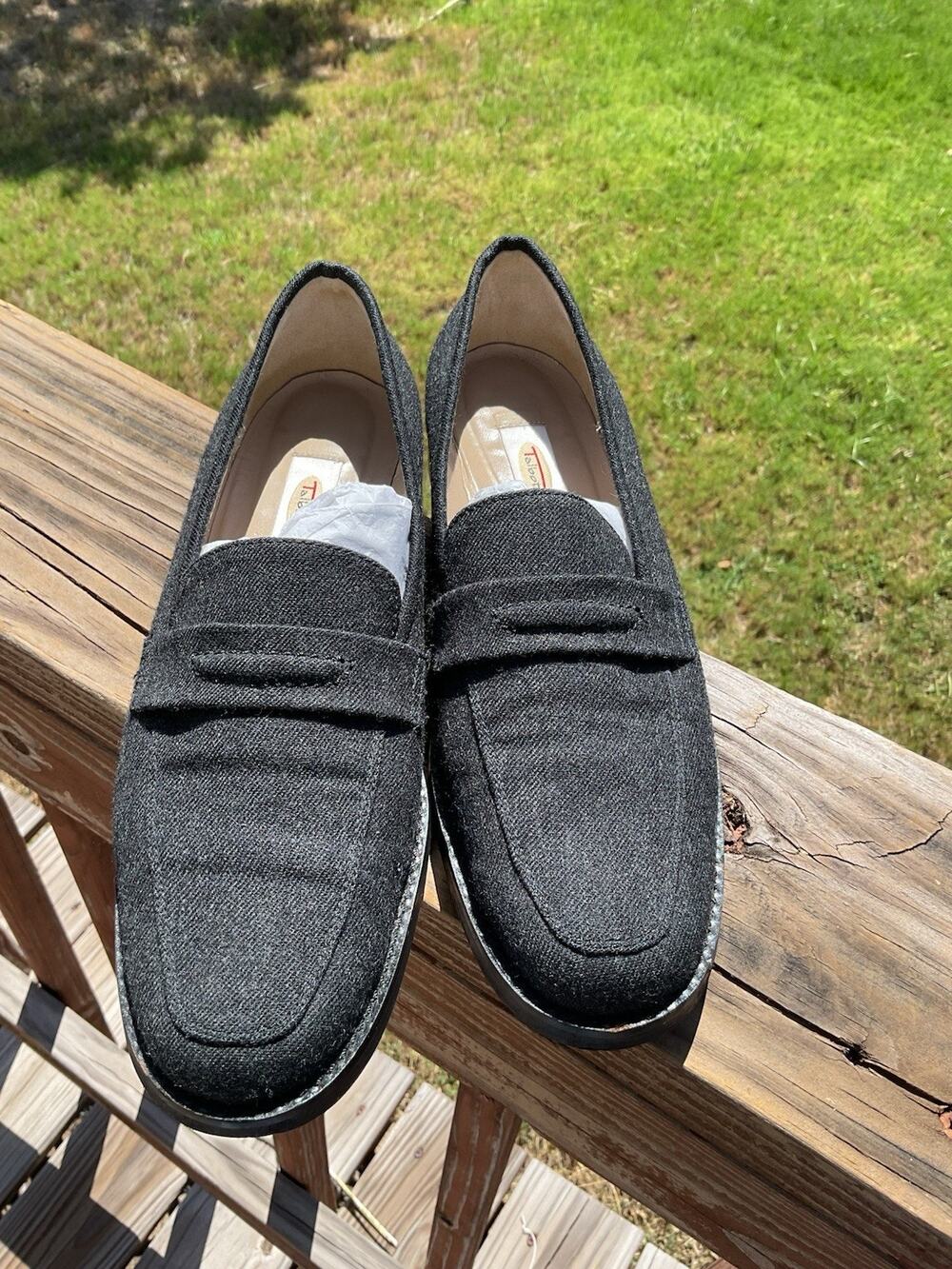 Ann Taylor Gray Felt Penny Loafers Women’s Size 9M Black Trim Preppy Flats